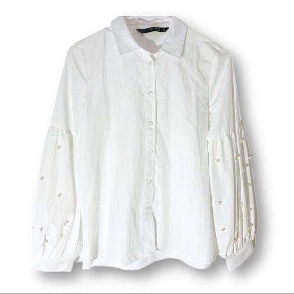 Zara Basic Editions Pearl Balloon Sleeve White Button Down Top Size XS - Picture 2 of 7